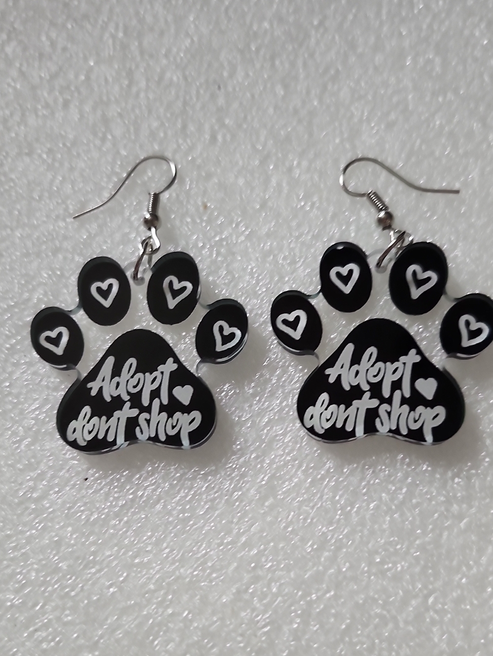 Hand Crafted Black Paw Print 'Adopt Don't Shop' Earrings